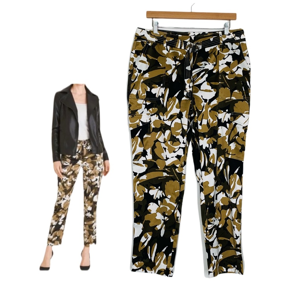 Chico's Women's Satin Belted Camouflage Floral Cargo Ankle Pants Size 8